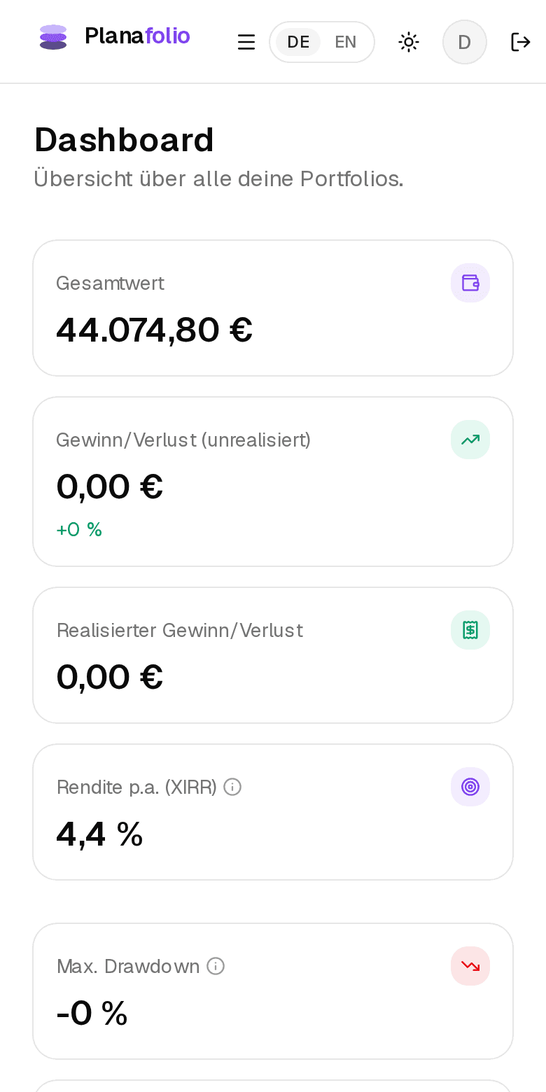 Planafolio Dashboard auf dem Smartphone